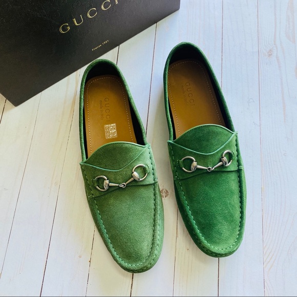 green suede gucci loafers